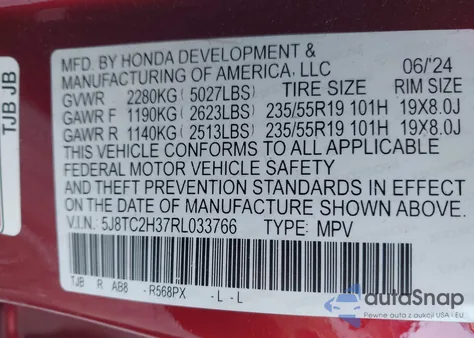 2024 Acura Rdx Standard z USA, uszkodzony, nr VIN 5J8TC2H37RL033766